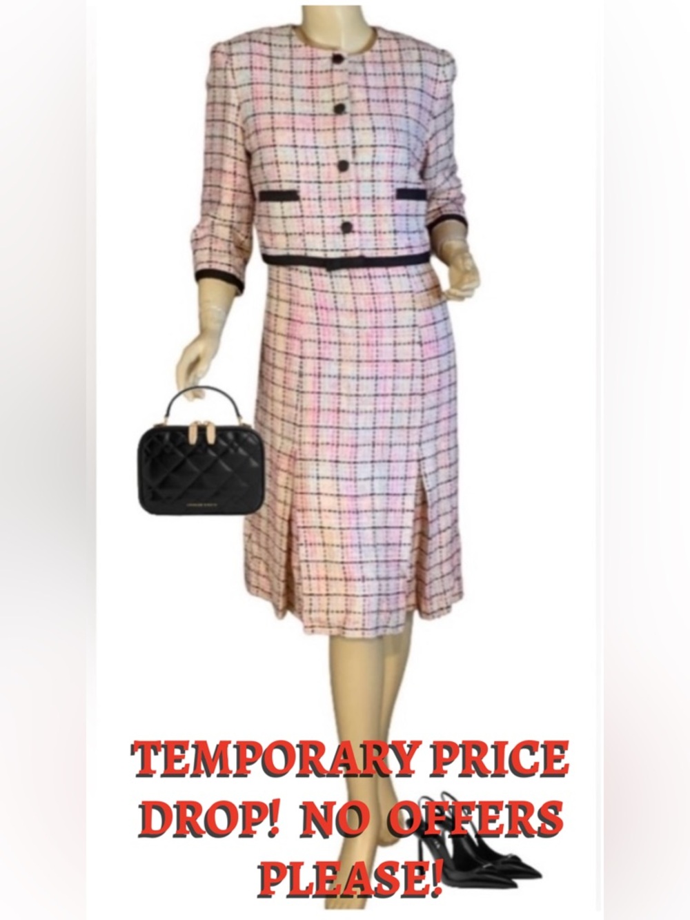 TALBOTS PINK & BLACK SILK BLEND PASTEL TWEED DRESS & BLAZER SUIT SET (8)